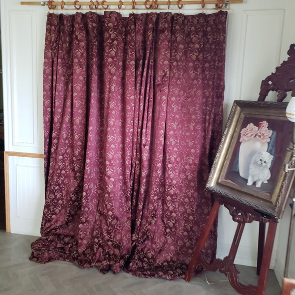 Custom Drapes 150 x 98 2 Panel Maroon Gold Floral Jacquard Room Darken Rod Pkt - Picture 2 of 9